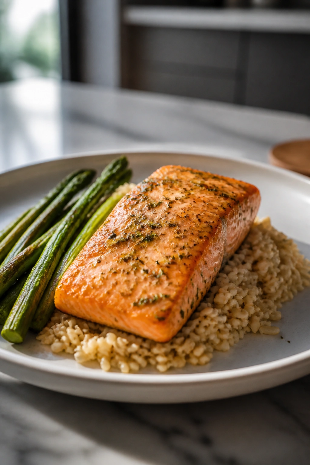 Salmon fillet with brown rice and asparagus on a plate