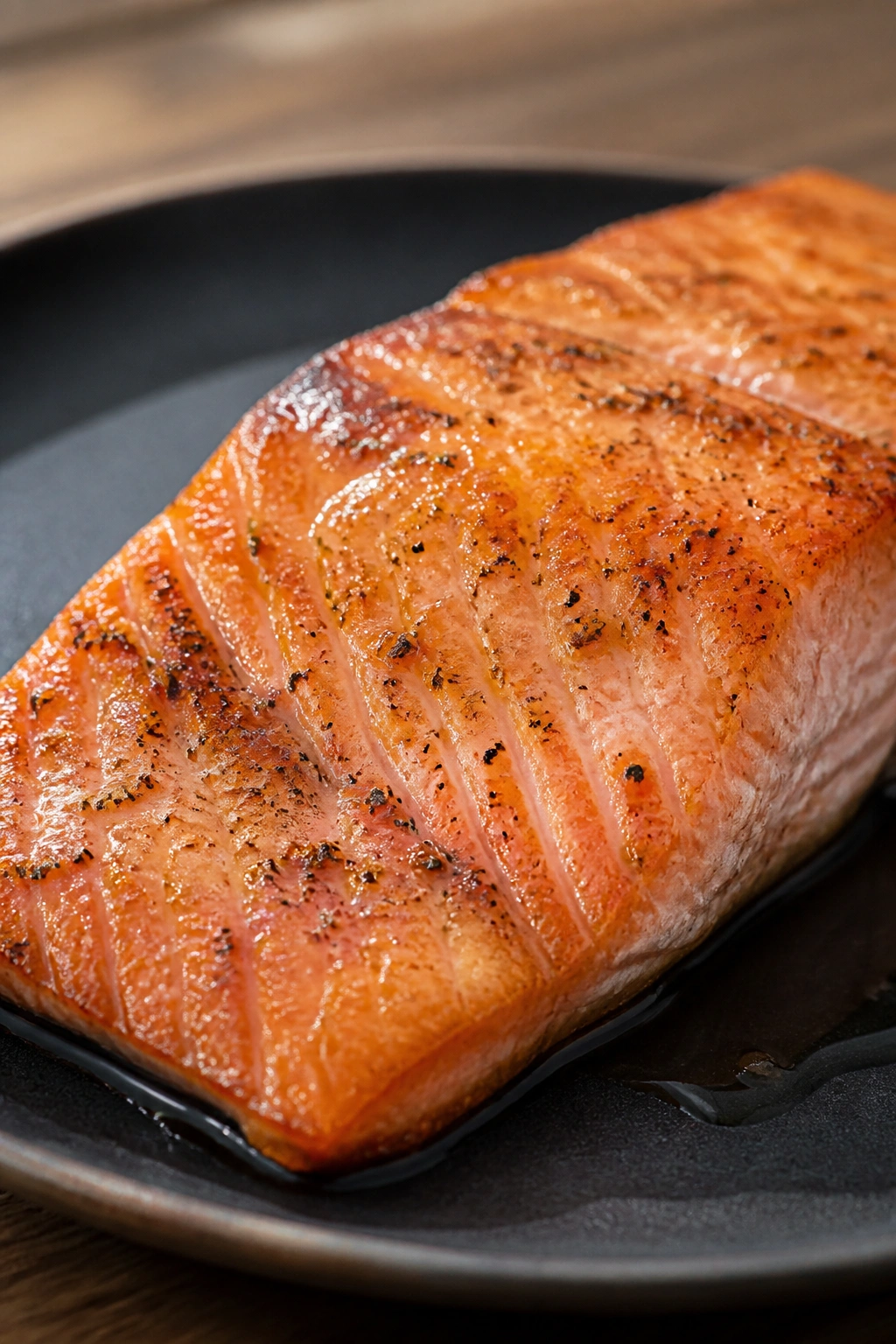 Close-up of a cooked salmon fillet on a dark plate in a warm kitchen
