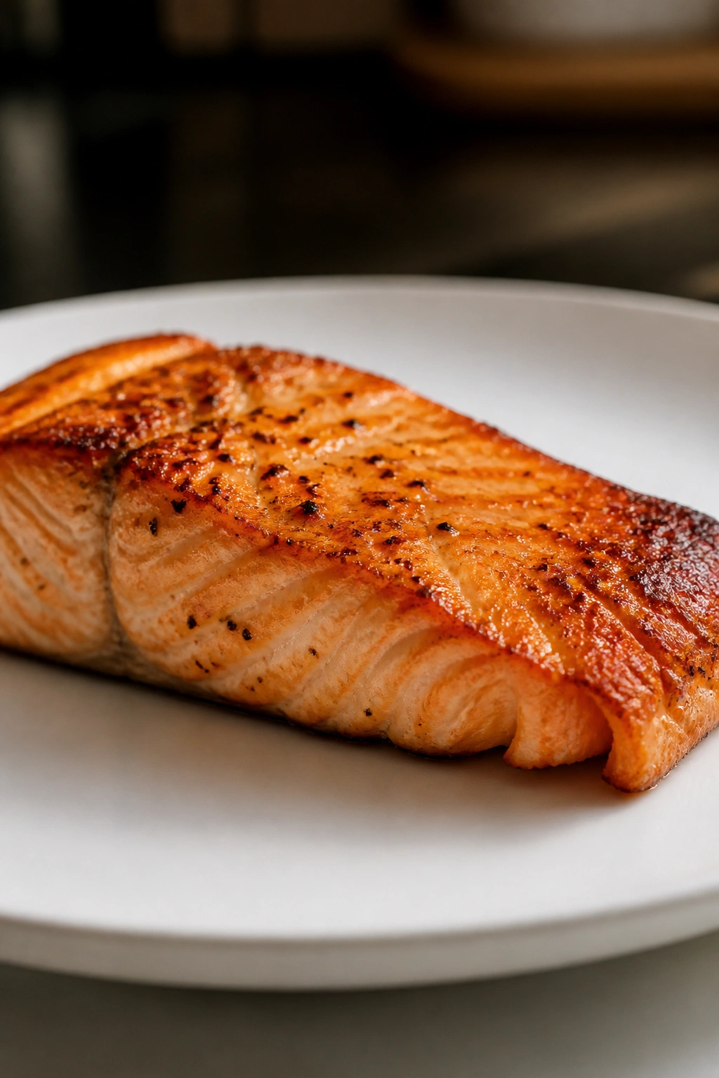 Salmon fillet on plate with warm kitchen light.