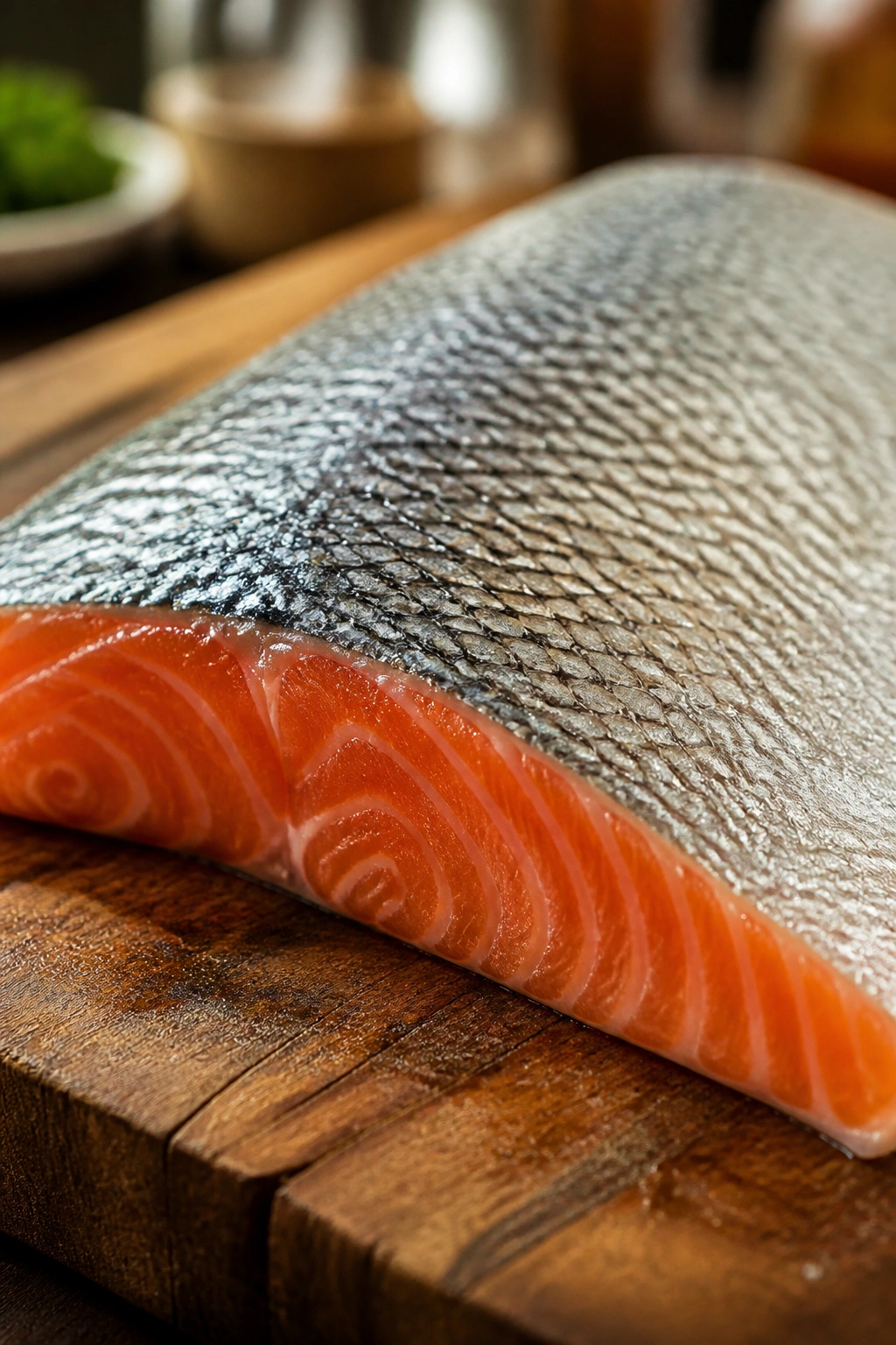 Close-up of a skin-on salmon fillet on a wooden cutting board in a warm kitchen