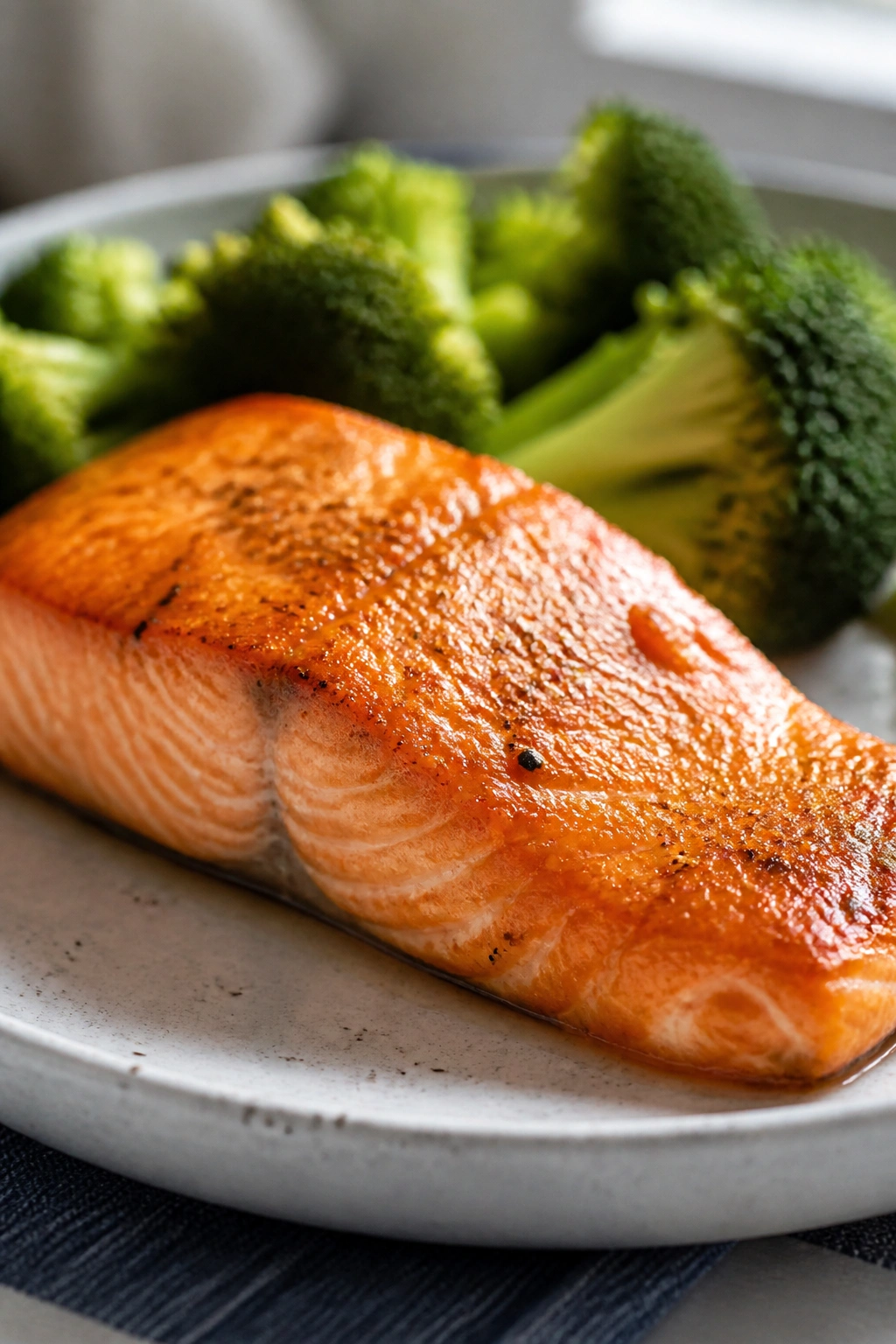 Close-up of a salmon fillet on a plate with broccoli in a sunlit kitchen