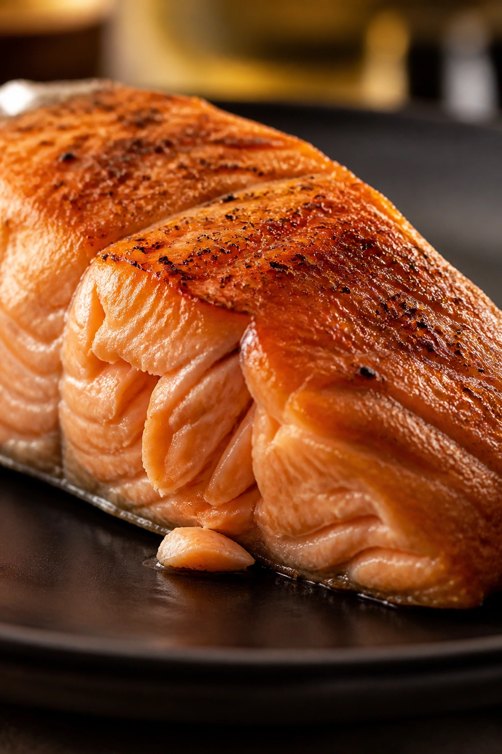 Close-up of cooked salmon fillet on plate