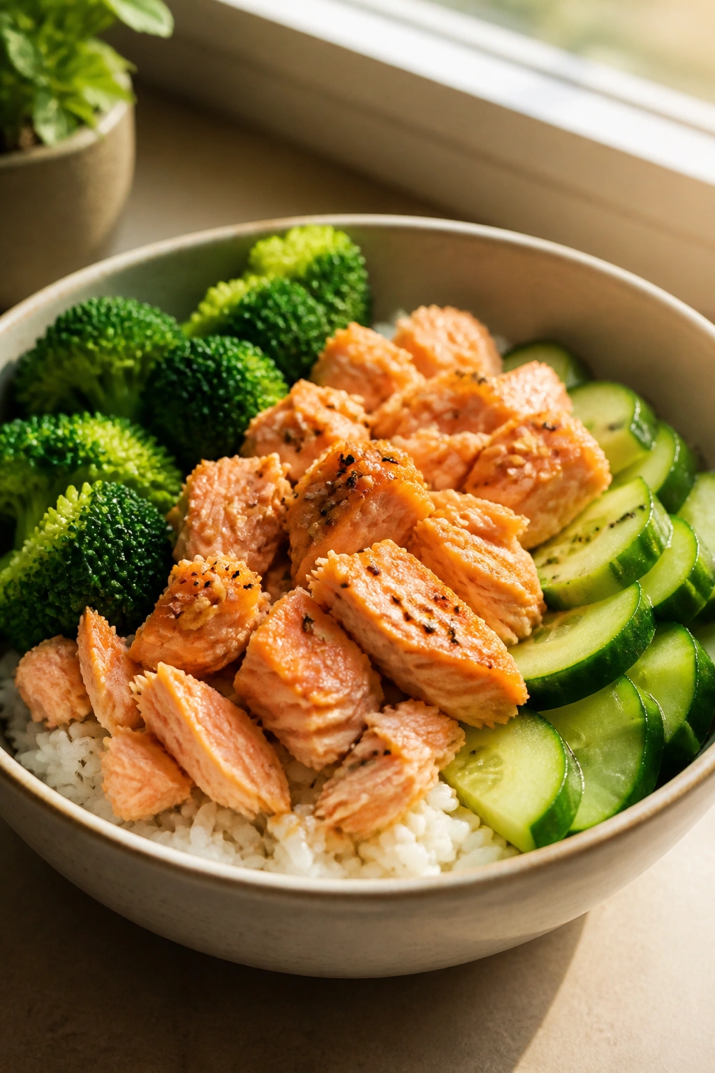 Medium close-up of salmon rice bowl with broccoli and cucumber