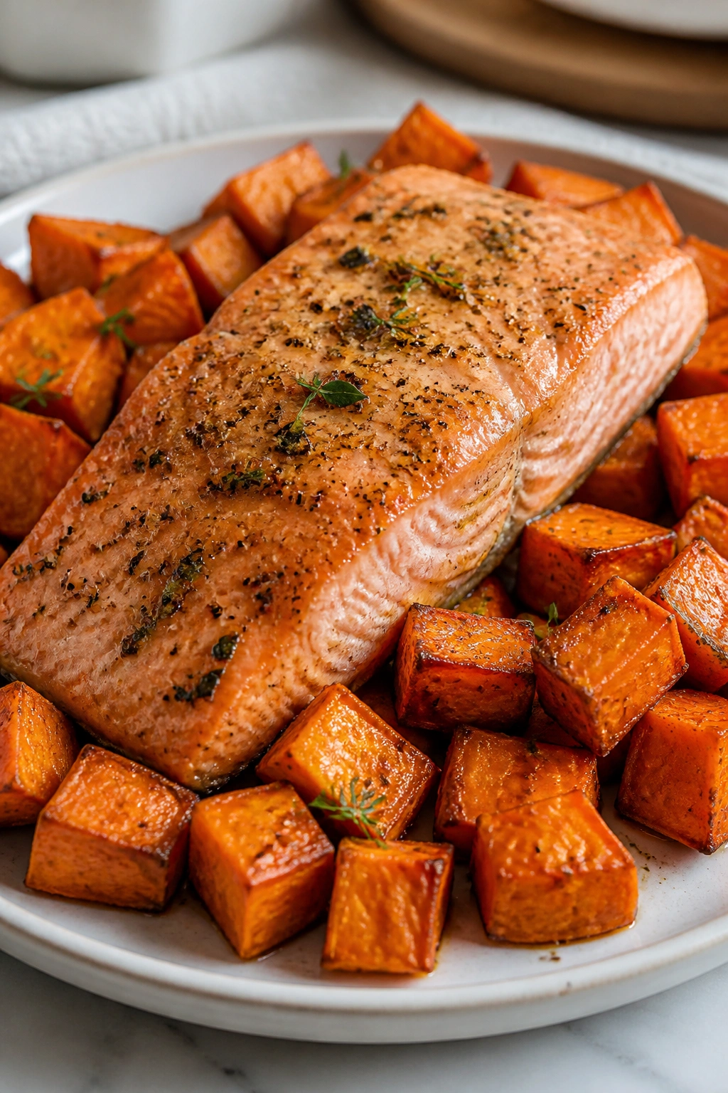 Close-up plate of roasted salmon with sweet potato
