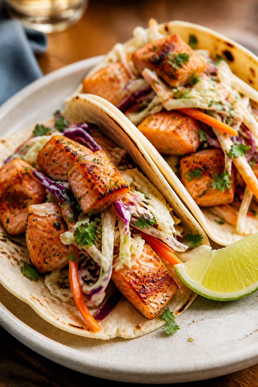 Salmon tacos with slaw on a plate