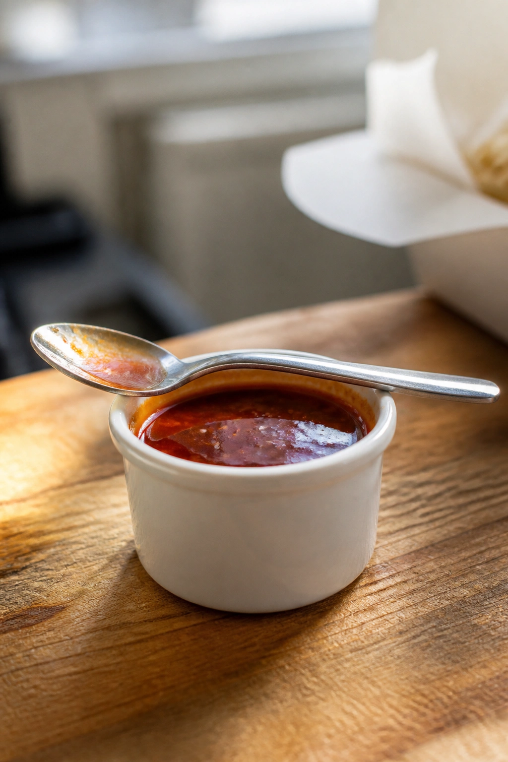 Small bowl of sauce with a measuring spoon