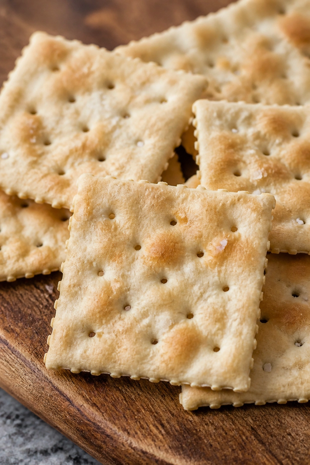 Close-up of saltine crackers on a wooden board under soft morning light