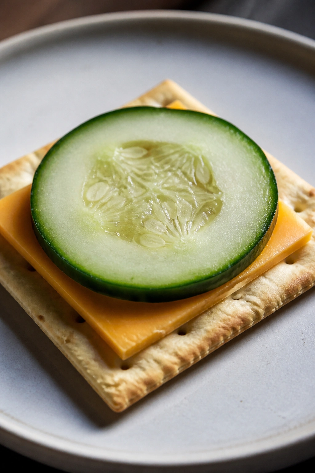 Close-up of a saltine cracker with cheddar and cucumber