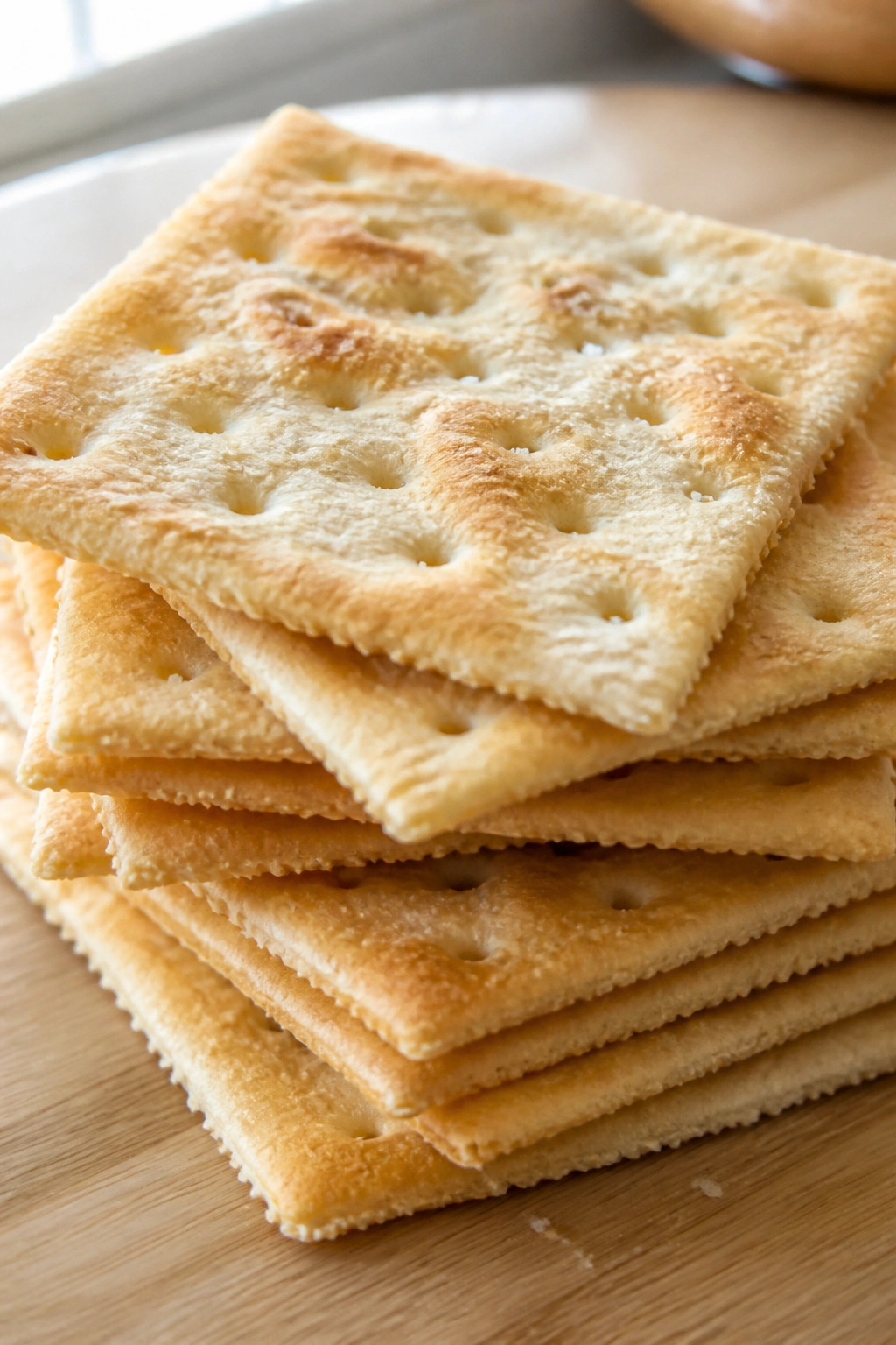 Close-up of plain saltine crackers stacked on a wooden cutting board in a sunlit kitchen