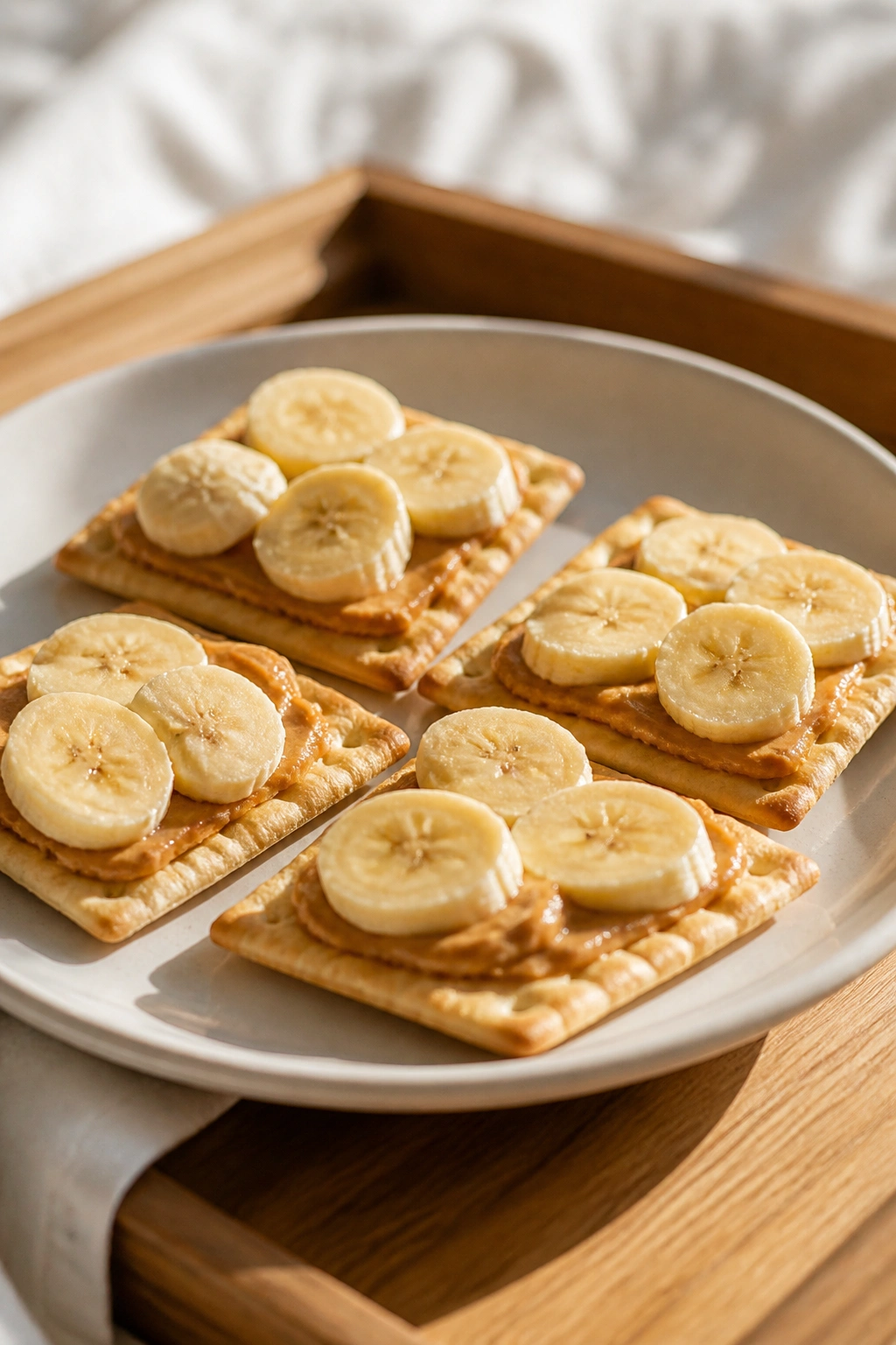 Close-up of saltine crackers topped with peanut butter and banana slices on a plate