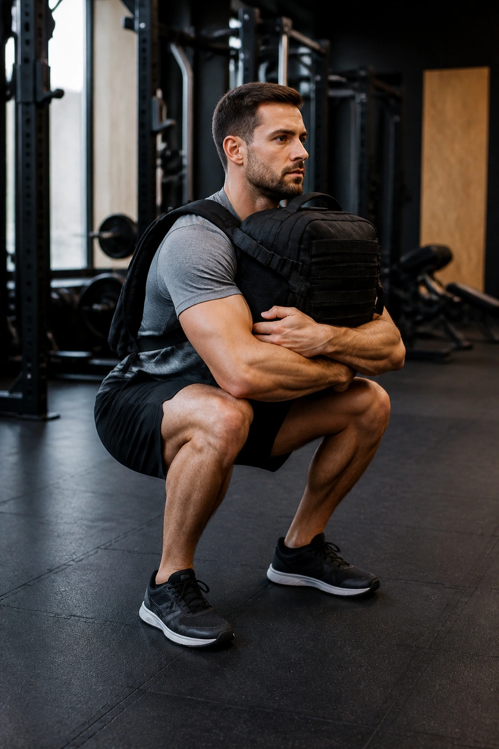 Person with backpack performing bear hug squat in gym