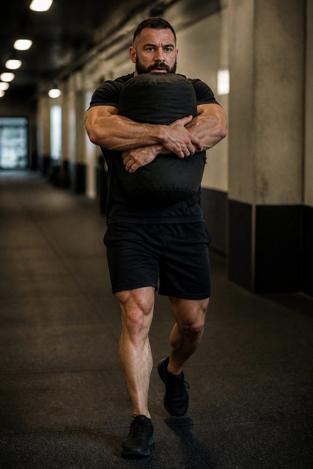 Person bearing sandbag in a bear-hug carry with strong core engagement.
