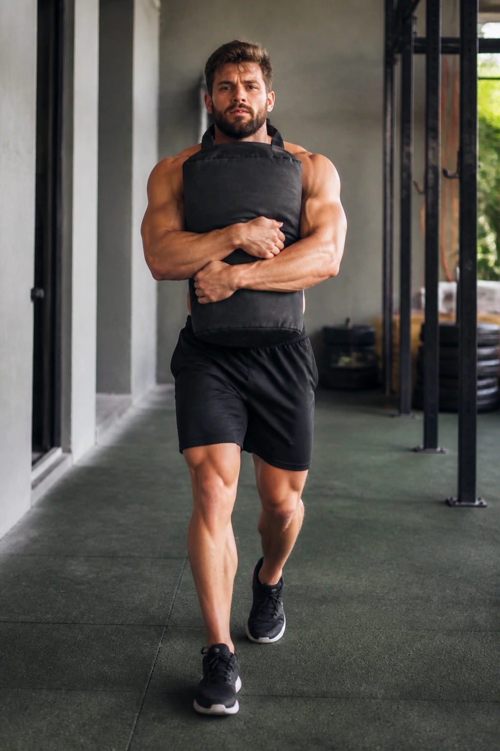 Lifter bear-hugging a sandbag while carrying it in a straight line