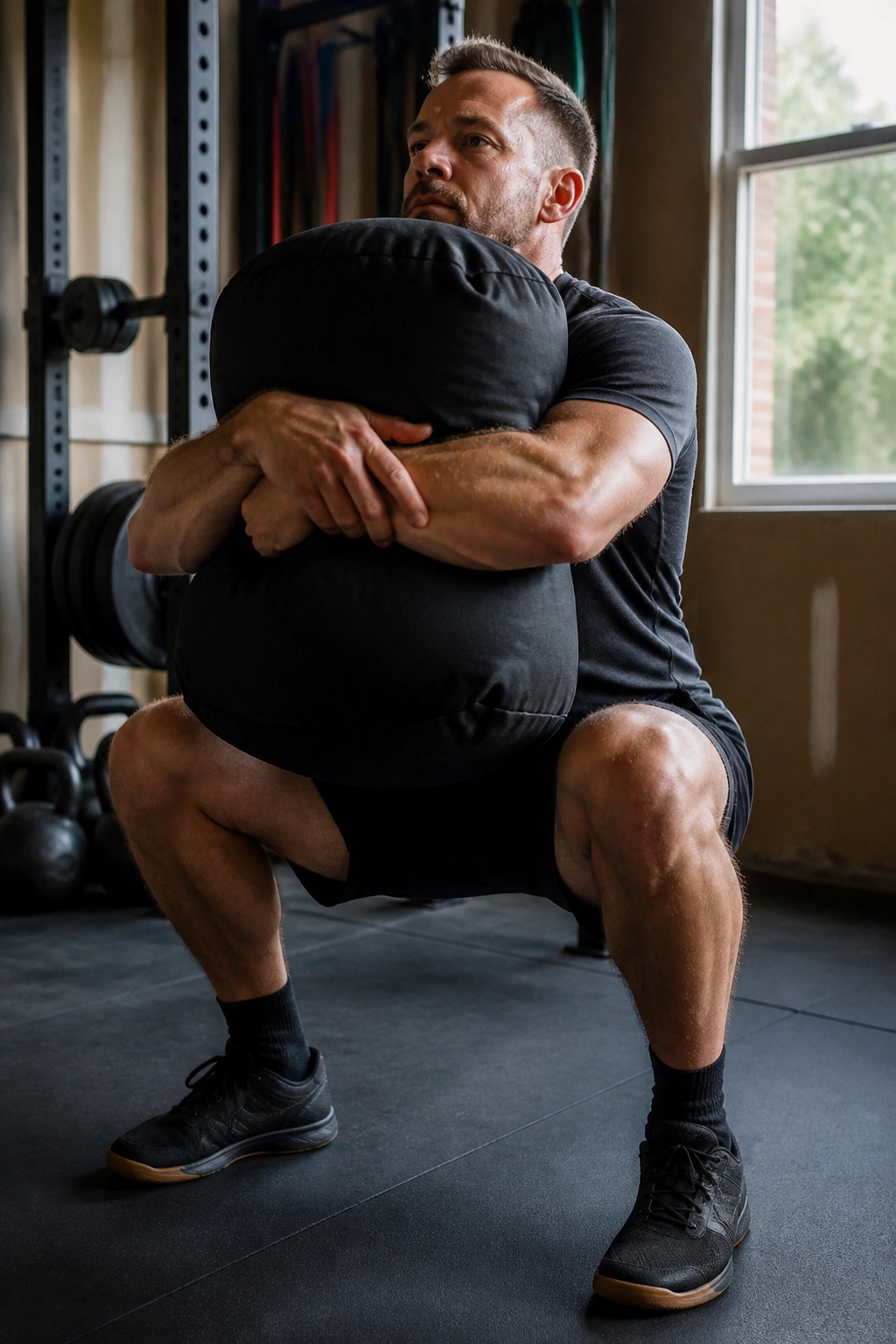 Close-up of a person bear-hugging a sandbag for squats in a garage gym