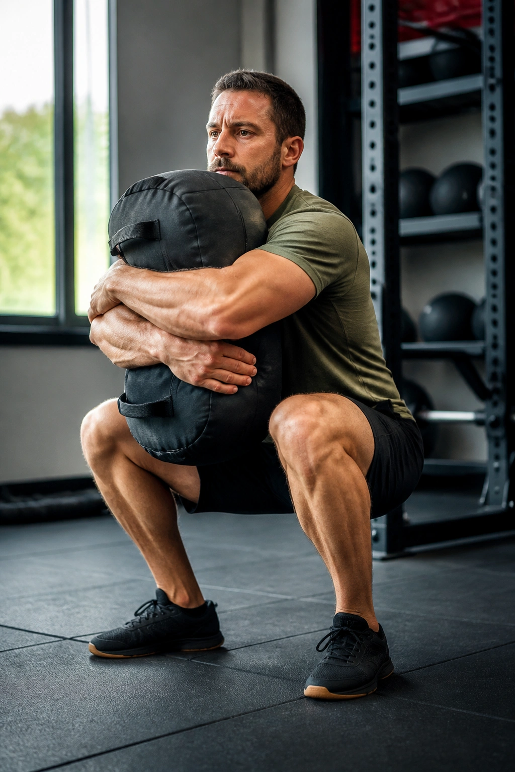 Athlete performing bear-hug squat with sandbag in gym