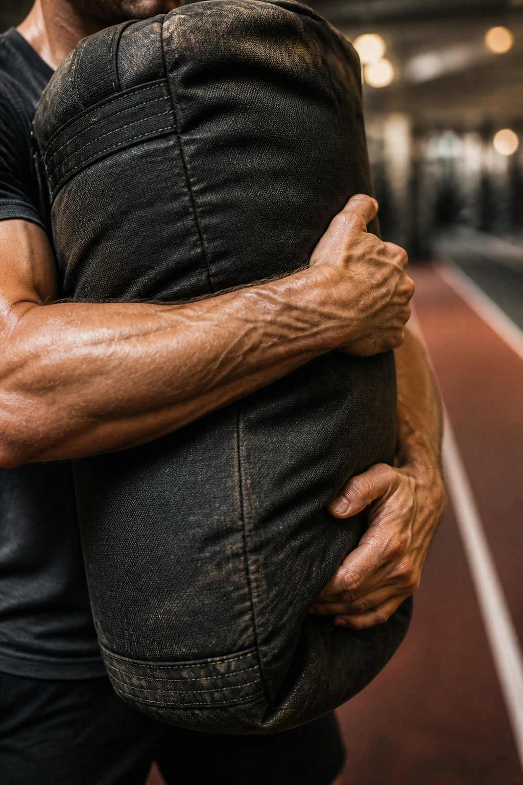 Close-up of a heavy sandbag held in bear-hug grip in a gym