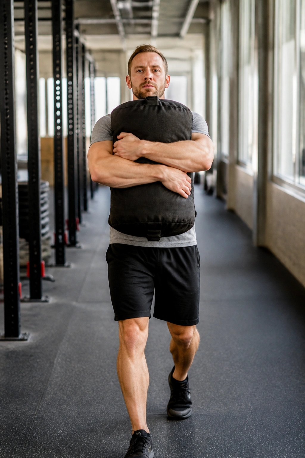 Person carrying sandbag hugged to chest while walking in gym