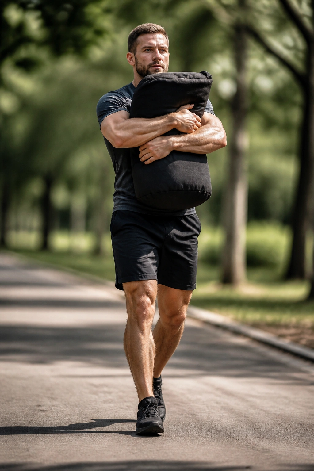 Full-body shot of a person carrying a sandbag bear-hug on an outdoor path