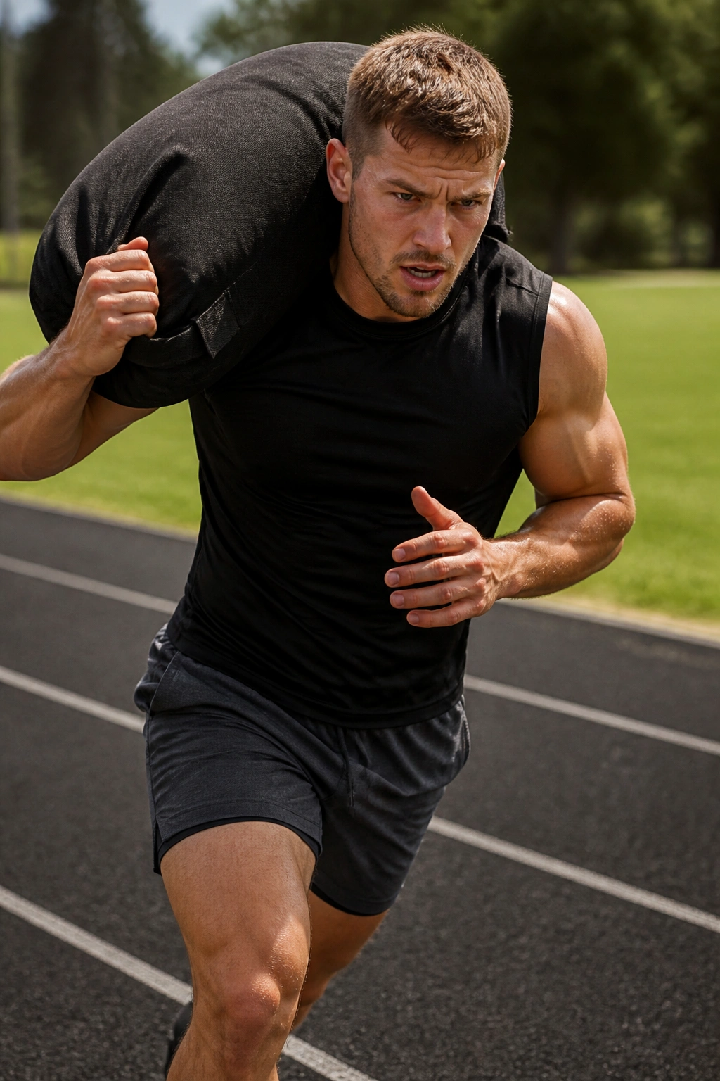 Athlete carrying sandbag and sprinting on track during metcon workout.