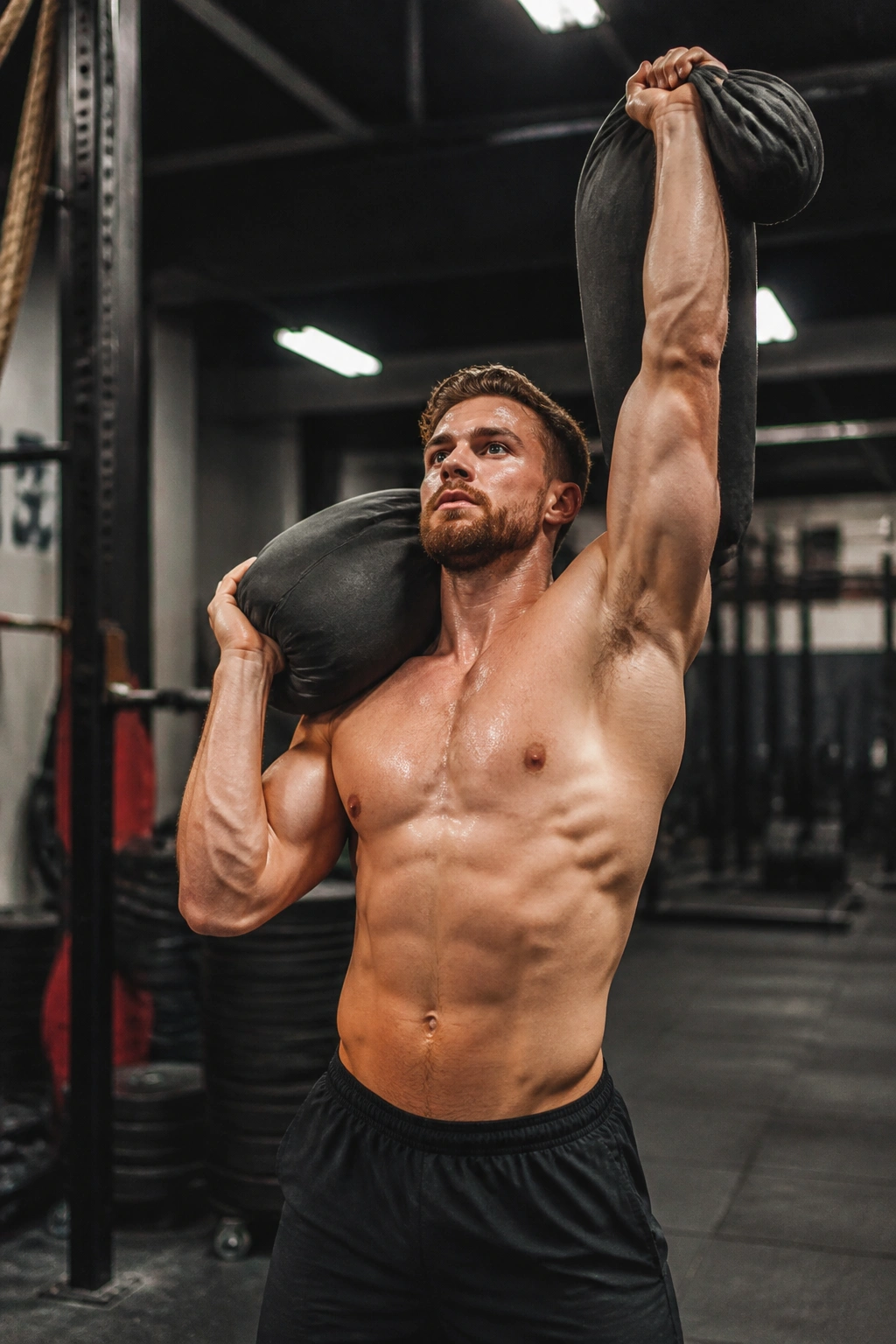 Close-up of athlete performing sandbag clean and press in a gym