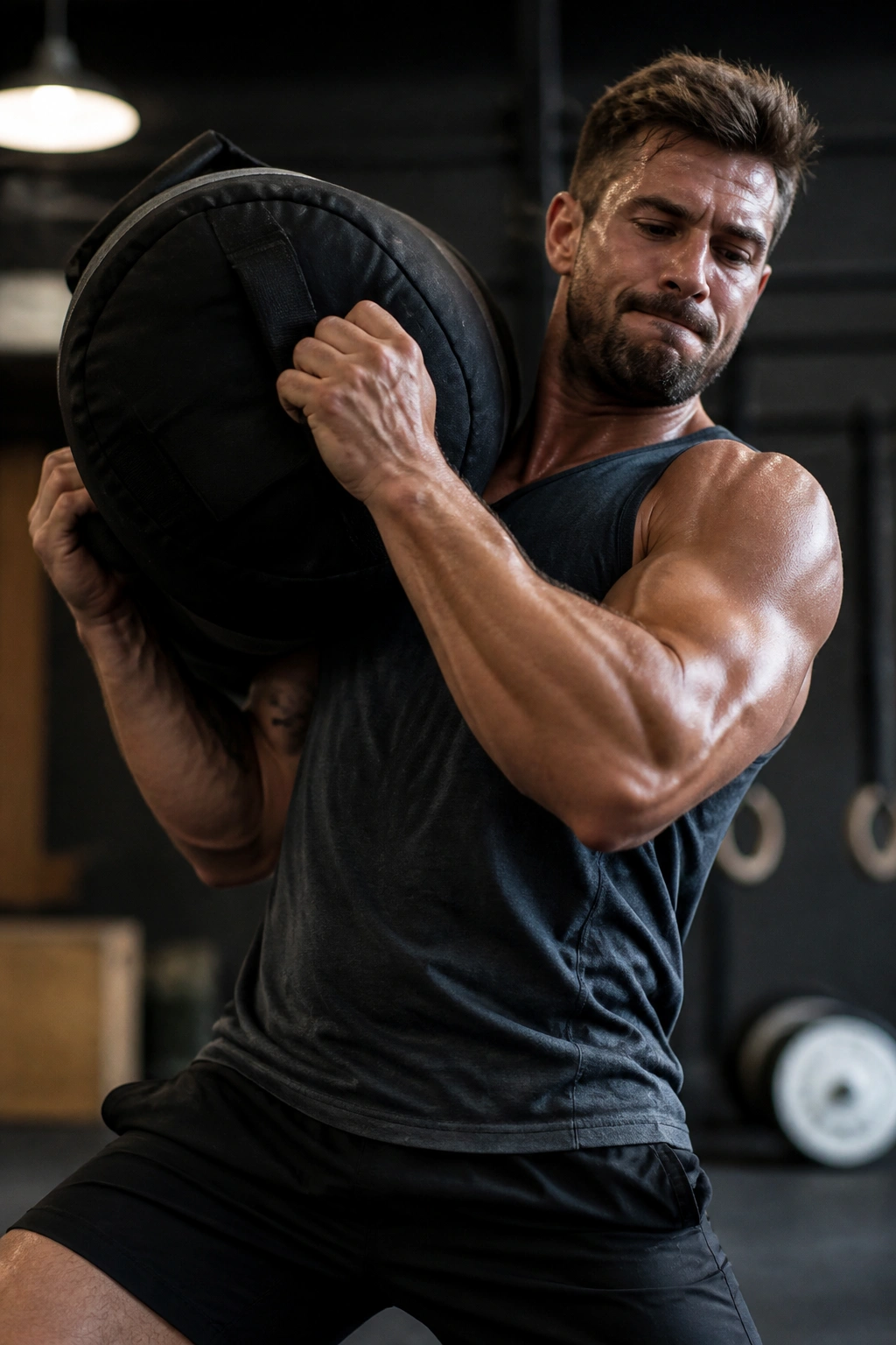 Athlete performing sandbag explosive movement in a gym