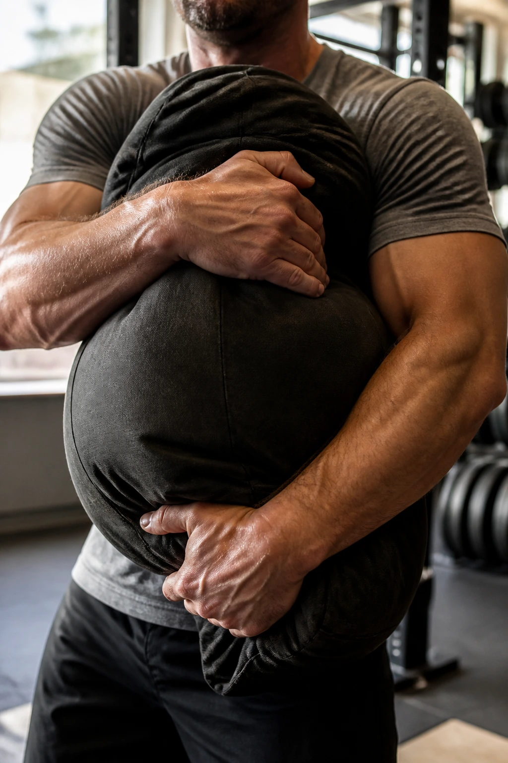 Close-up of athlete performing sandbag shift protocol with core stabilization