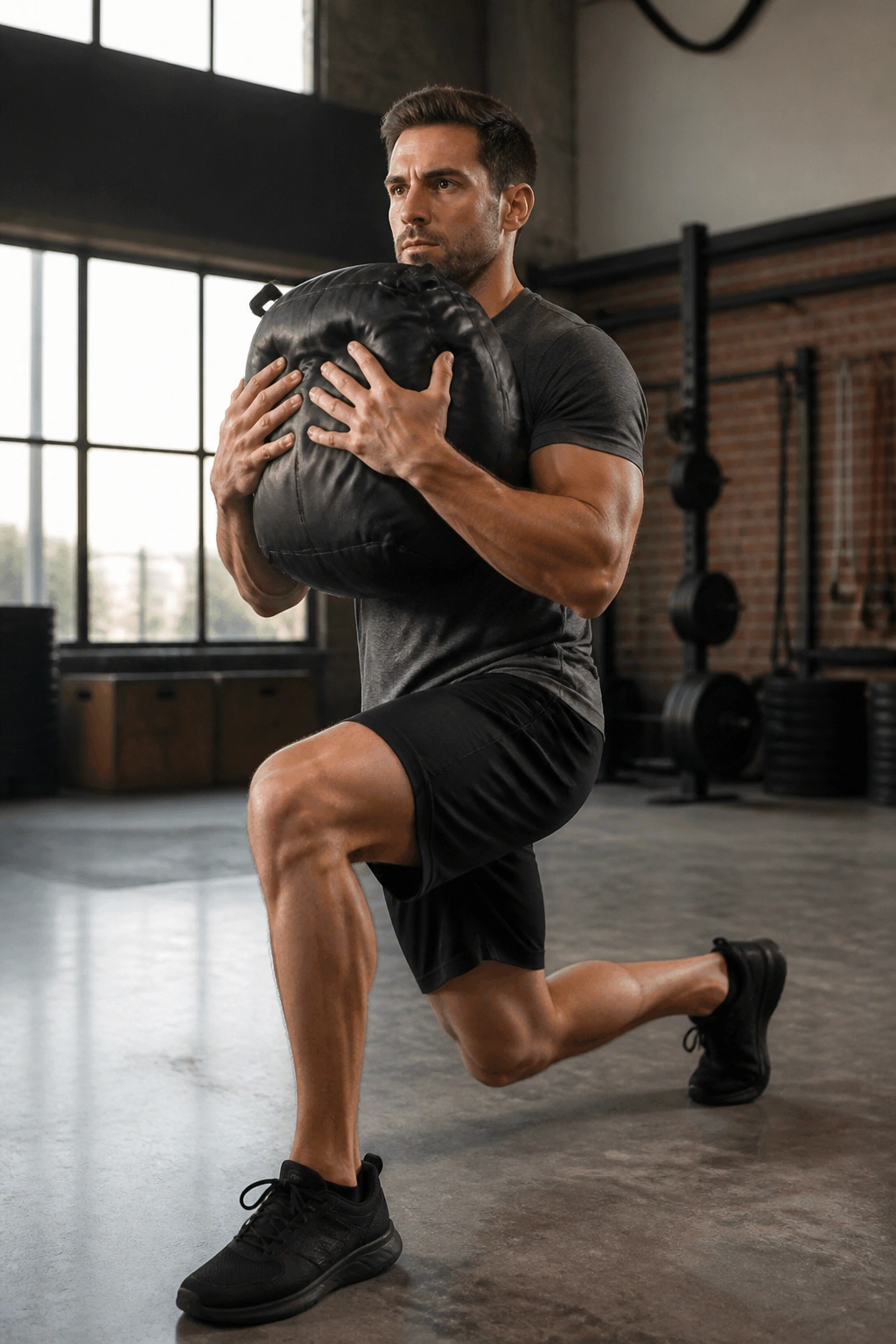 Real person performing sandbag reverse lunge with bear-hug load