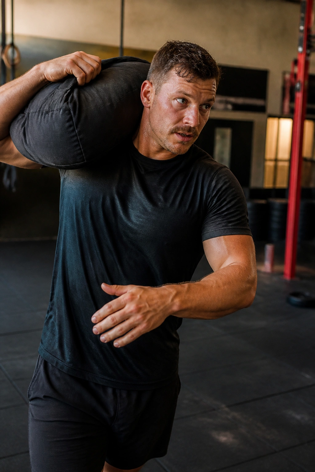 Athlete shouldering a sandbag and carrying it in a gym during a sandbag complex.