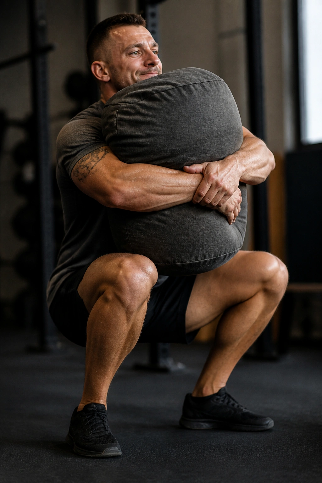 Close-up of a person hugging a sandbag and squatting in a gym
