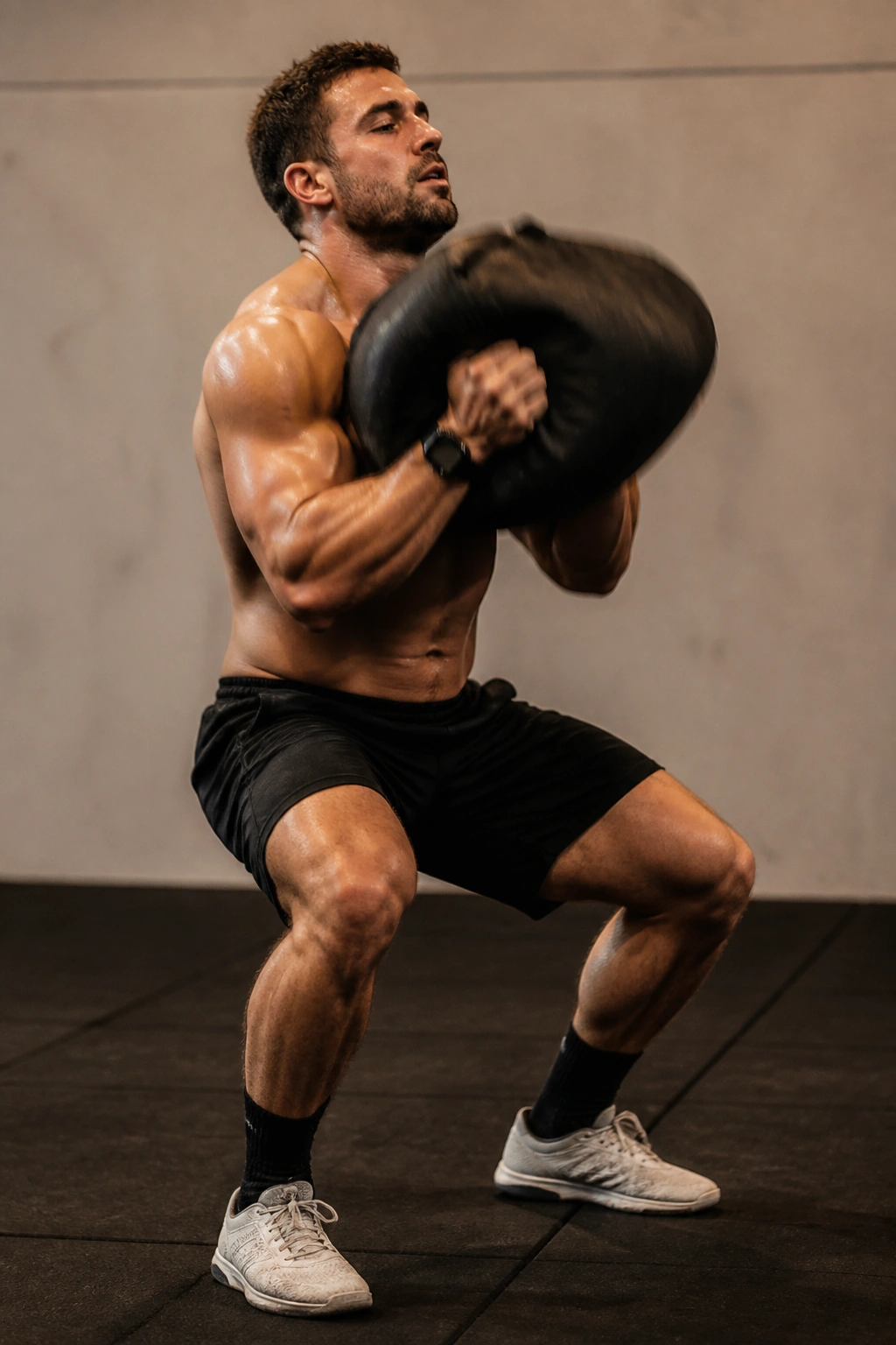 Mid-shot of a real athlete performing a sandbag clean in a gym