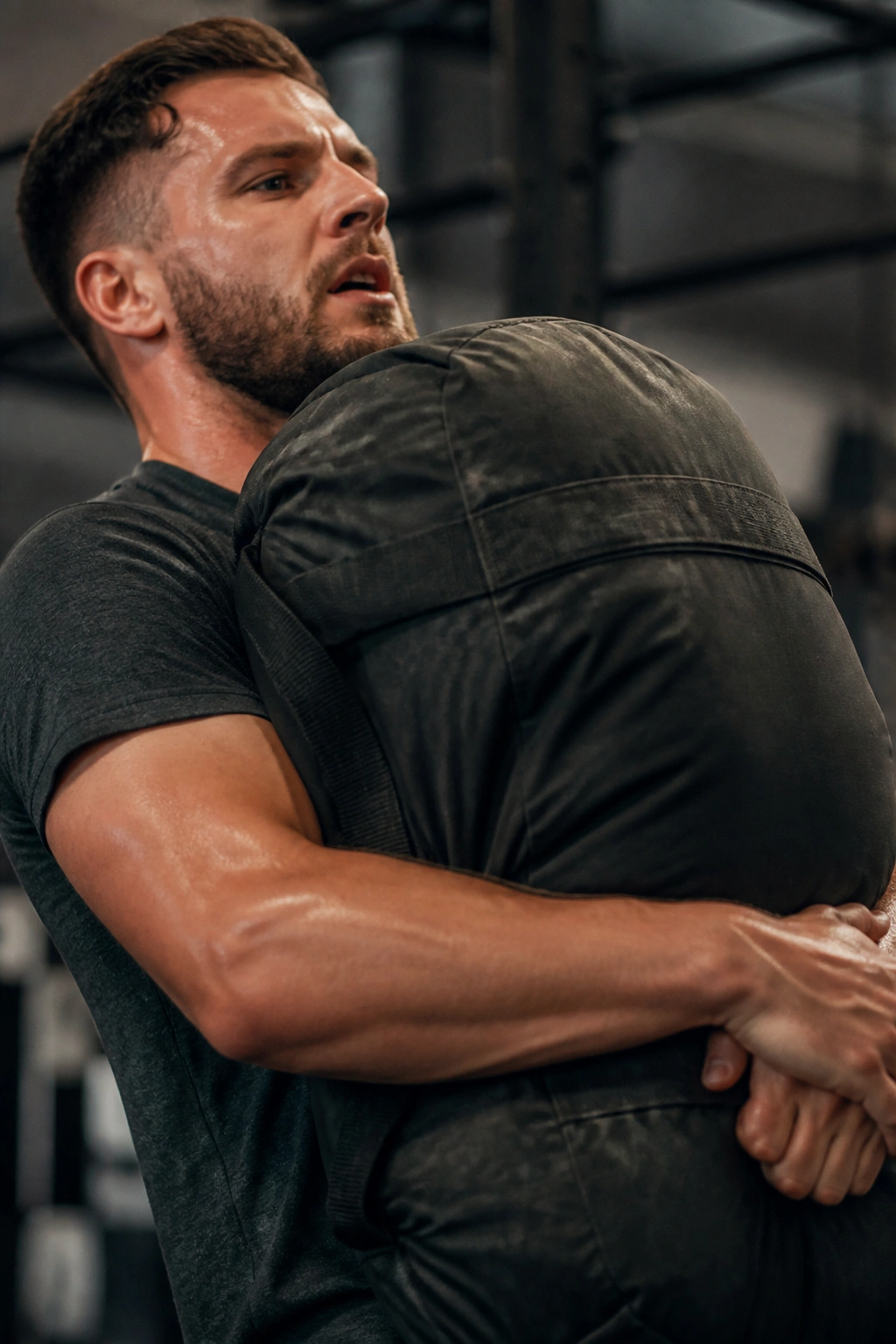 Close-up of a real athlete holding a sandbag in a gritty gym