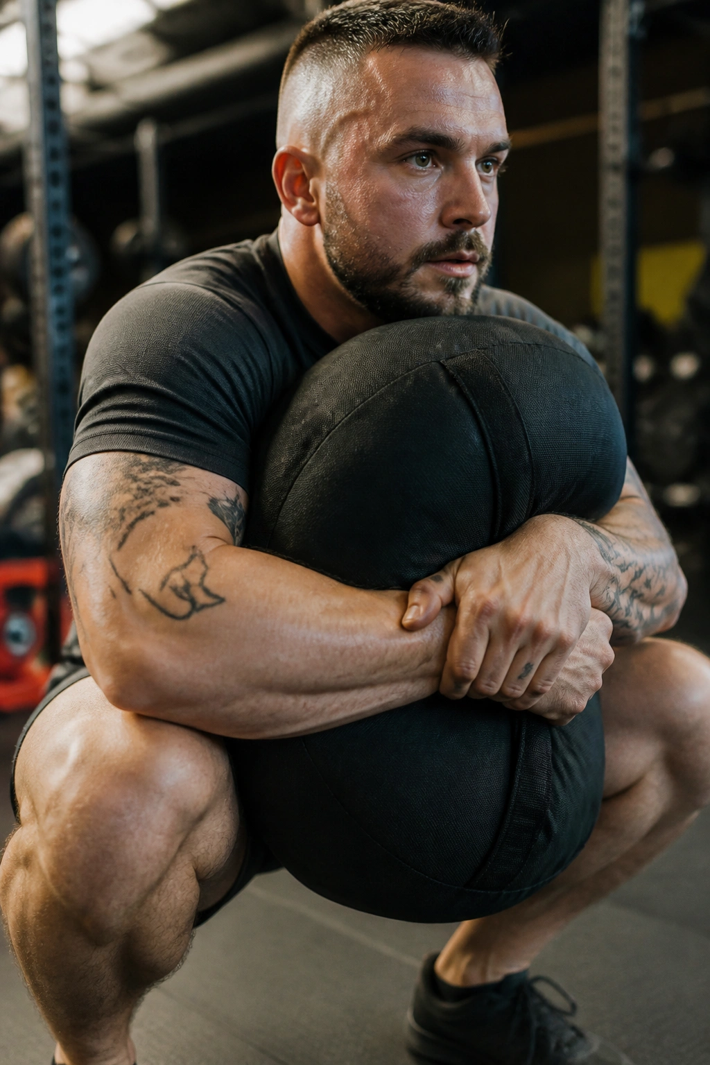 Athlete bearing sandbag during bear hug squat