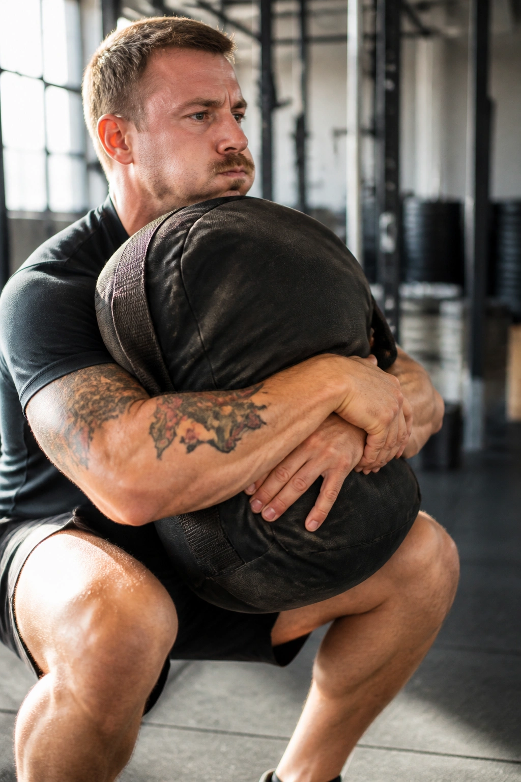 Close-up of a real person performing a sandbag bear-hug squat in a gym, sandbag emphasized.