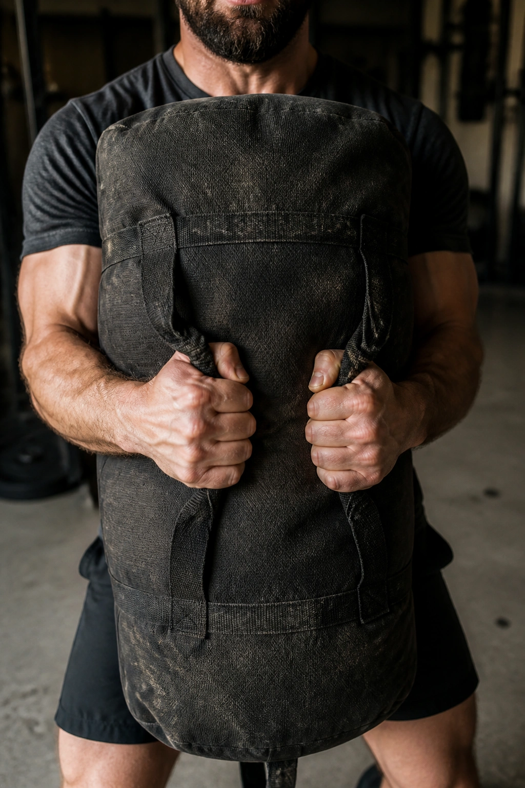 Close-up of a rugged sandbag gripped in a garage gym setting