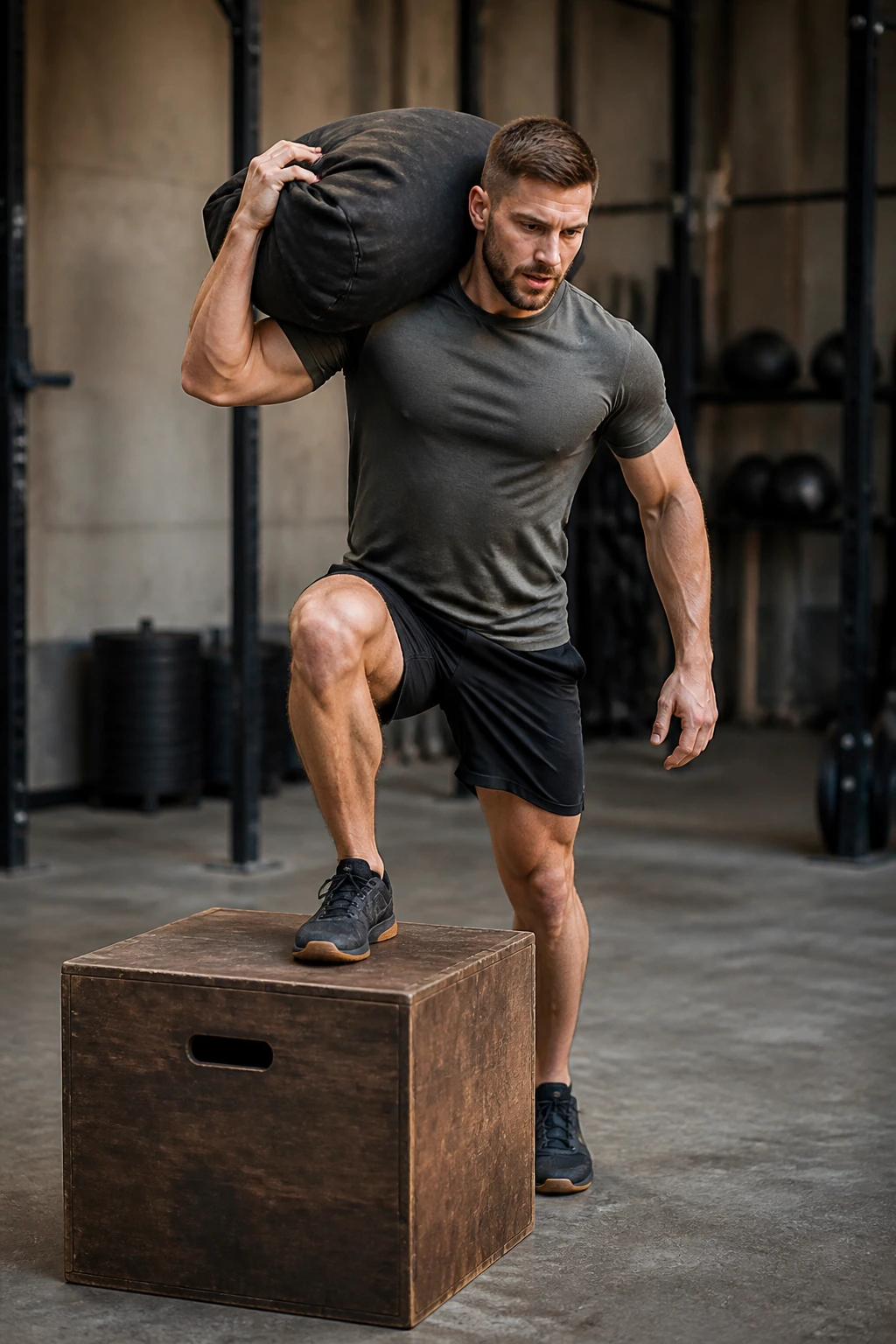 Medium shot of a person lifting a sandbag to shoulder and stepping onto a box