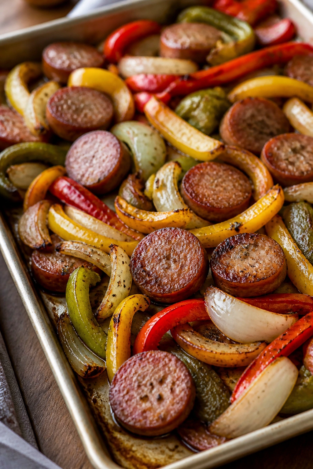 Close-up of sausage with peppers and onions on a sheet pan
