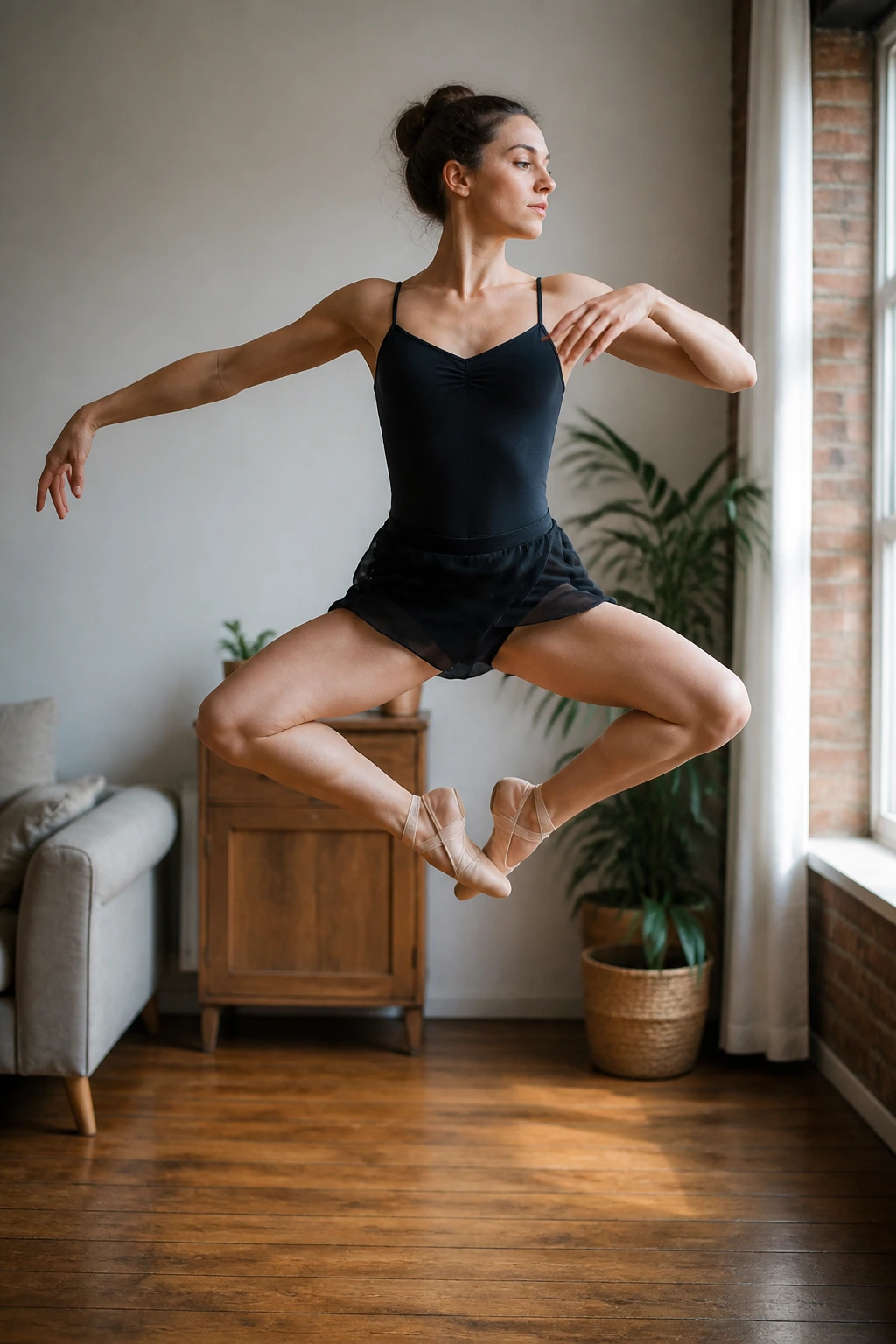 Dancer performing Sauté for Cardiovascular Health in mid-air with controlled landing in a home studio