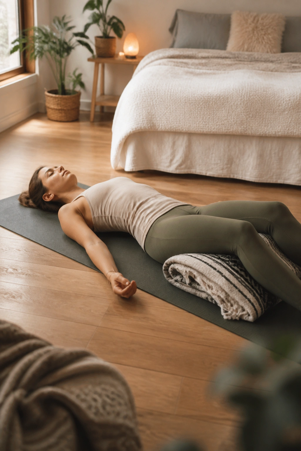 Person in savasana resting pose on mat with knees bent and blanket under knees
