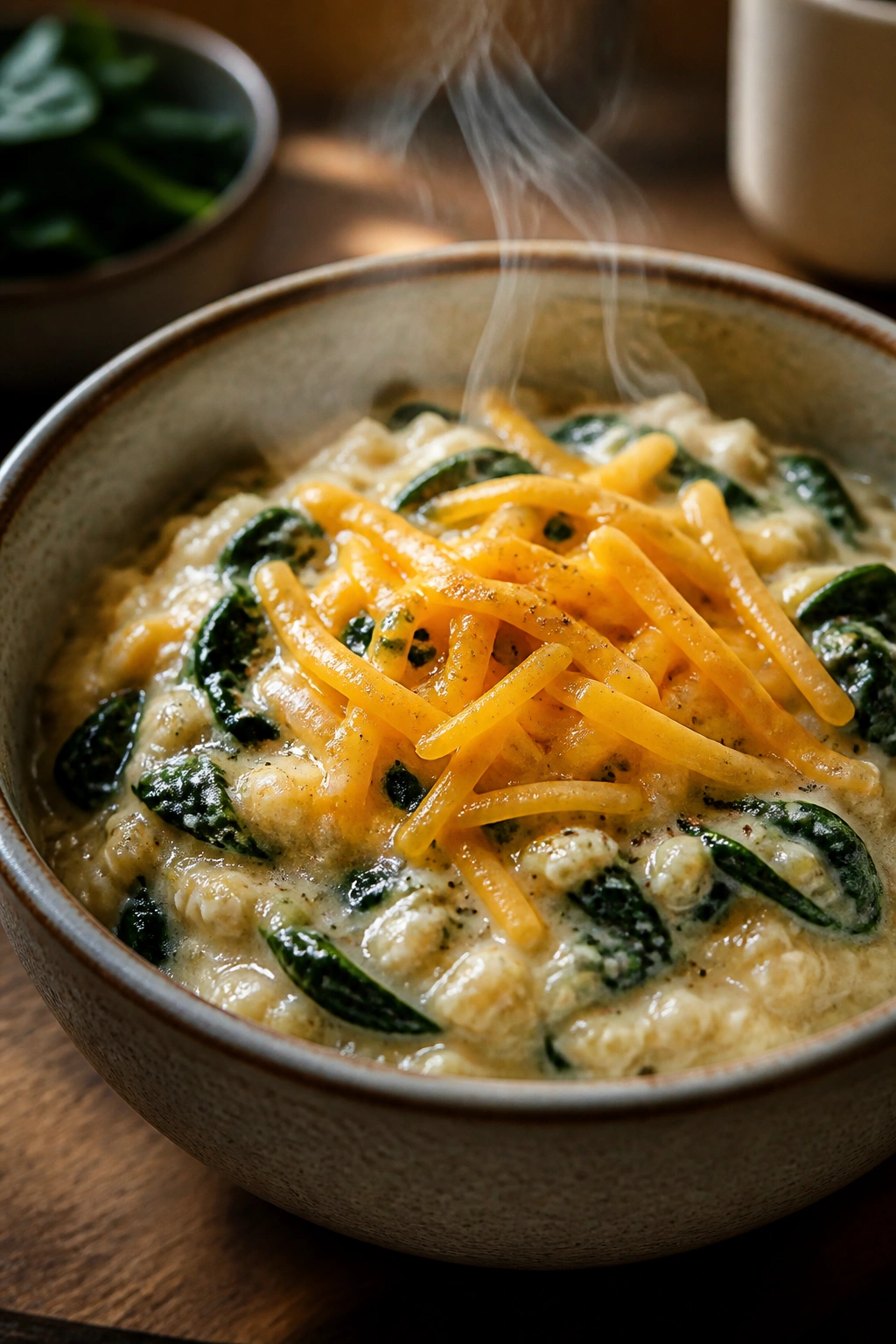 Savory oatmeal with spinach and cheddar in a bowl