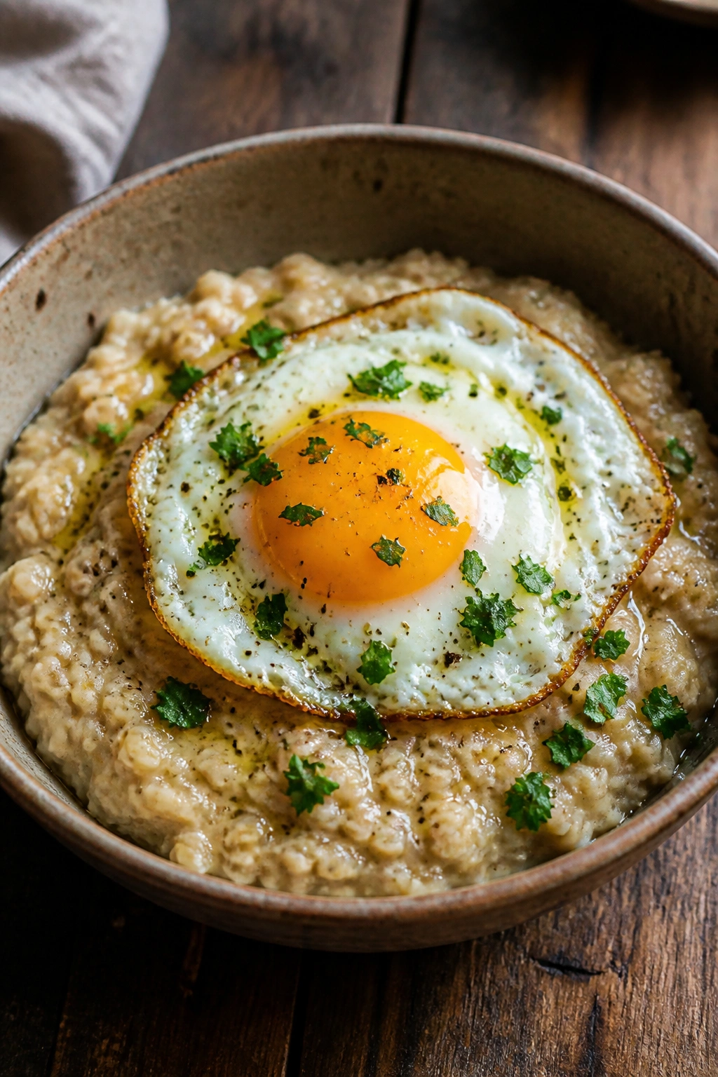 Savory oatmeal with egg and herbs in a bowl on a wooden table