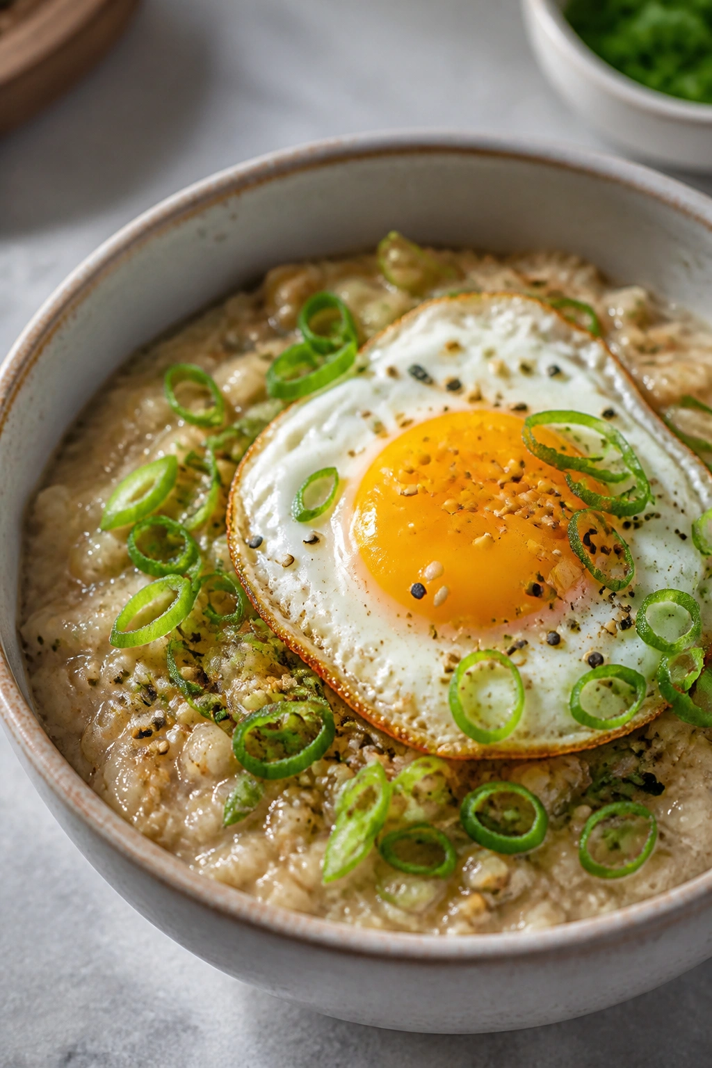 Savory oatmeal bowl with egg, scallions, and sesame on a counter