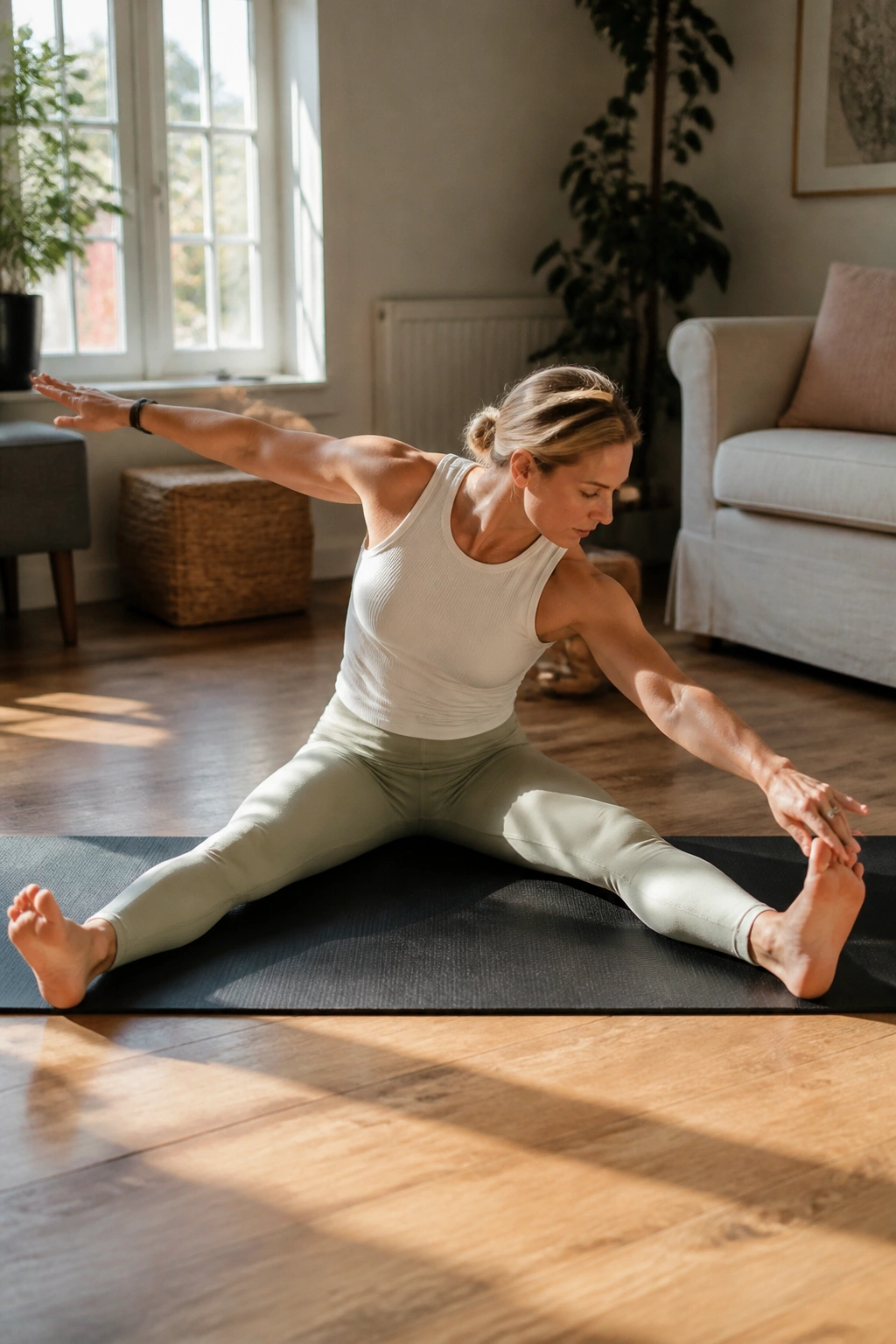 Person performing Saw stretch seated with legs wide and twist reaching toward toe