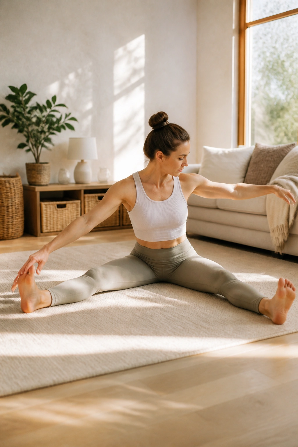 Seated twist and reach during the Saw Routine