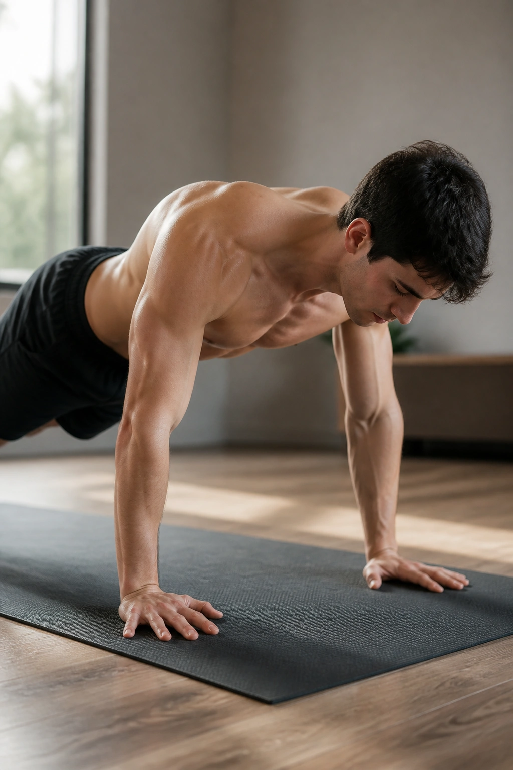 Real person in high plank performing Scapular Push-Ups focusing on shoulder blade movement