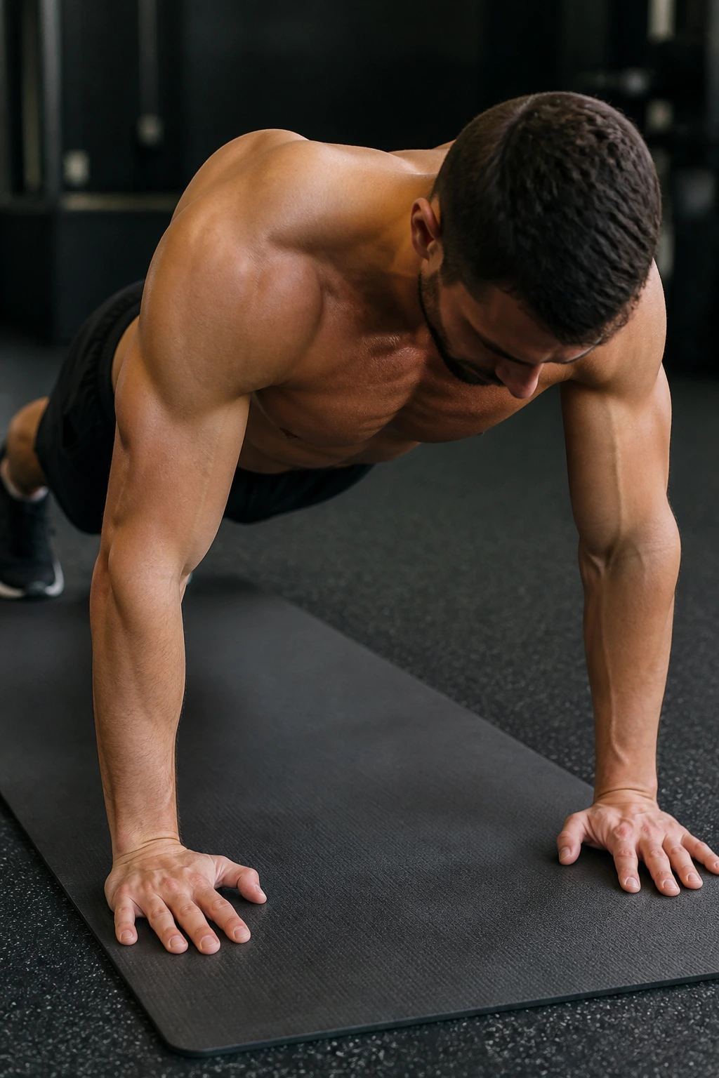 Person performing scapular push-ups on a gym mat, showing shoulder blade movement