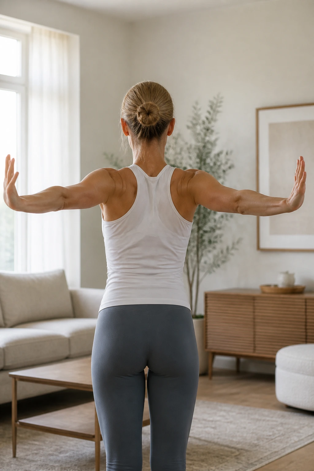 Person performing scapular squeeze with arms extended