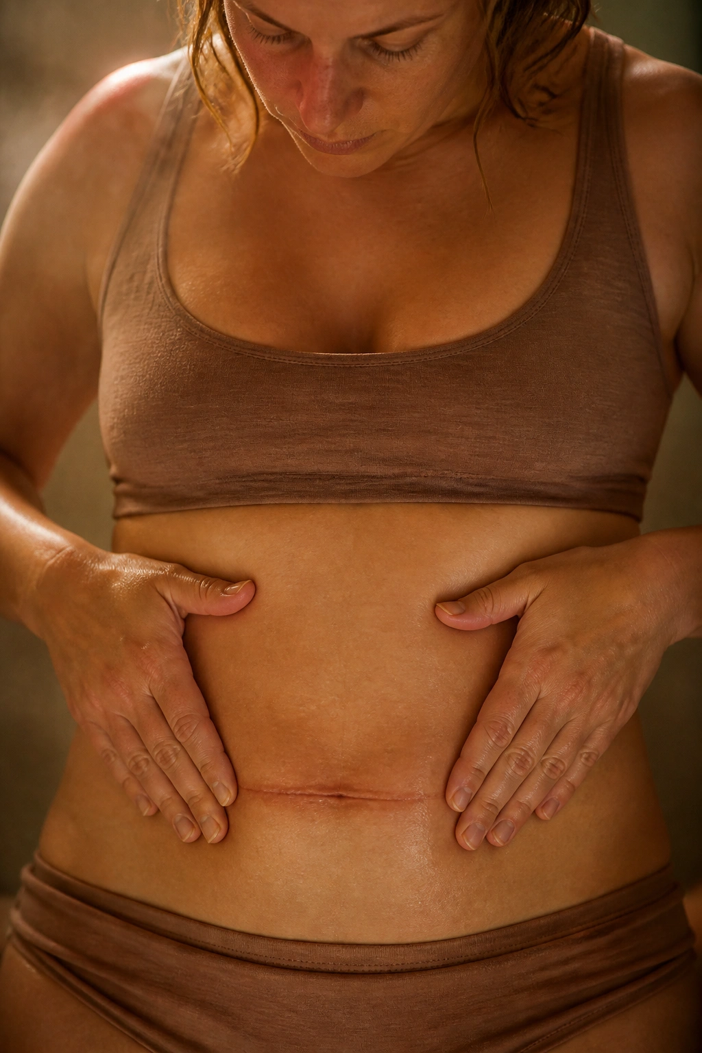 Postpartum woman massaging abdominal scar in bathroom