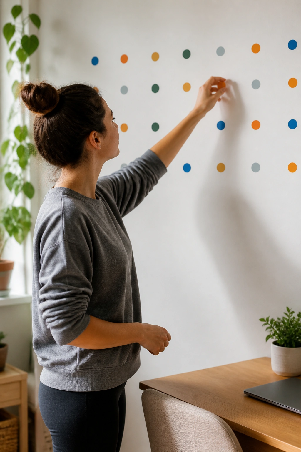 Person planning a weekly workout with color dots on a wall