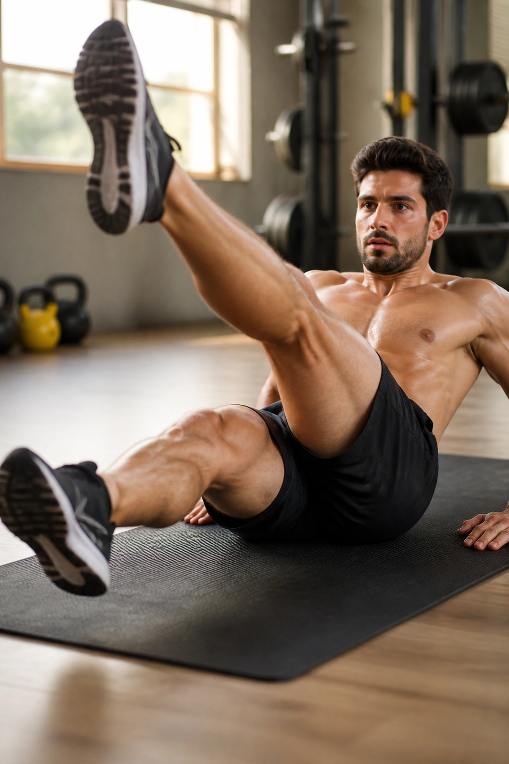 Real person performing Scissor Kicks on a gym mat for core exercise