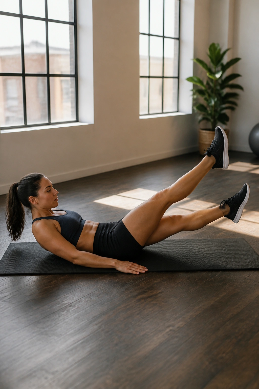 Person performing scissor kicks on a mat focusing on inner thighs